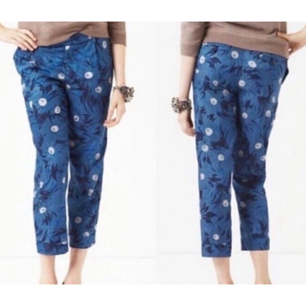 Anthropologie Elevenses Pants Womens 12 Lunar Mum Floral Crop Blue Career New - Picture 11 of 11